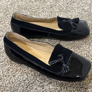 Empress Square Tassel Loafer Black Patent Leather & Suede Old Money Comfort EUC